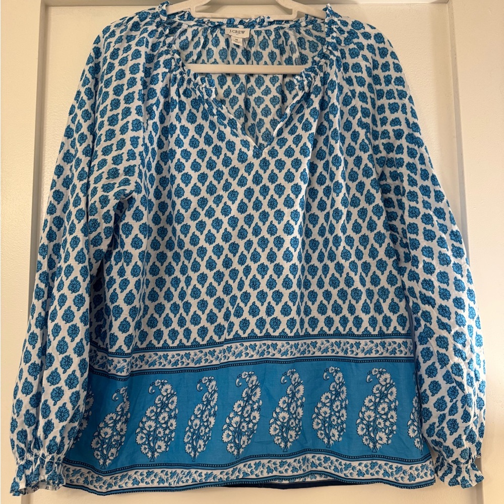 J. Crew Light and Airy Blue and White Paisley Peasant Top Size M